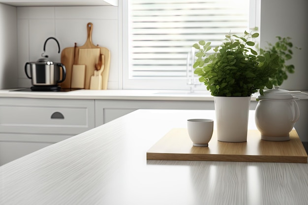 Pusty biały drewniany stół we wnętrzu nowoczesnej kuchni