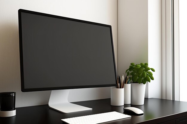 Pusty biały ekran monitora komputerowego na drewnianym stole w biurze coworkingowym