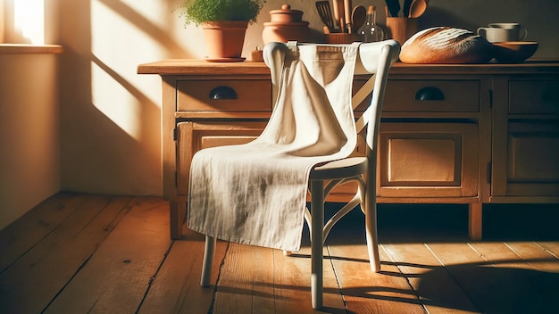 Zdjęcie pusty biały fartuch drapowany na rusztycznym drewnianym krześle ustawionym przeciwko ciepłemu