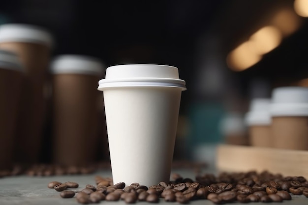 Pusty biały filiżanka kawy na wynos makieta szablon kawiarni tło generatywne AI