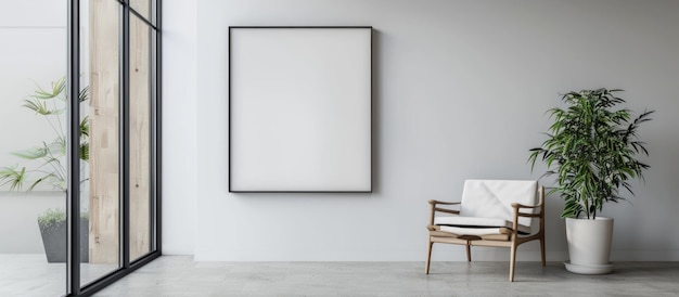 Pusty biały obraz zawieszony na ścianie w minimalistycznym pokoju