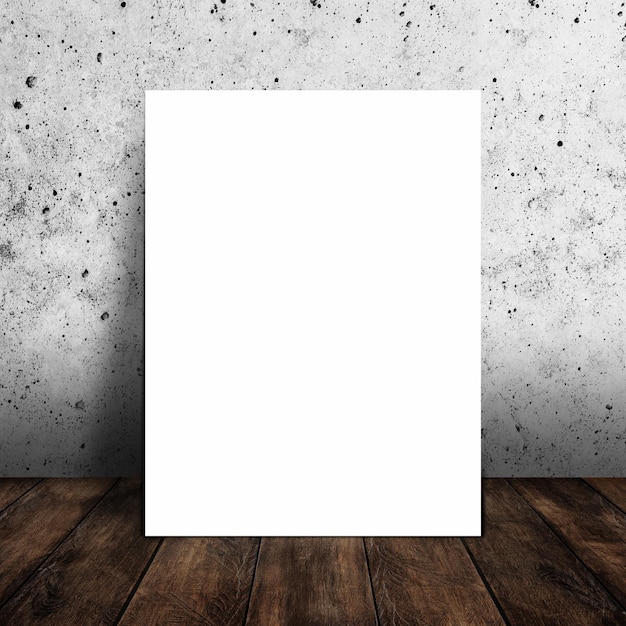 Pusty biały plakat makieta we wnętrzu z drewnianą podłogą i betonową ścianą tekstury tła