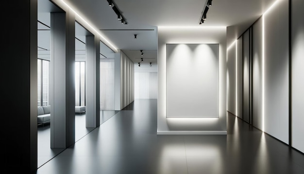pusty biały plakat w eleganckim, nowoczesnym korytarzu biurowym makieta Generative AI