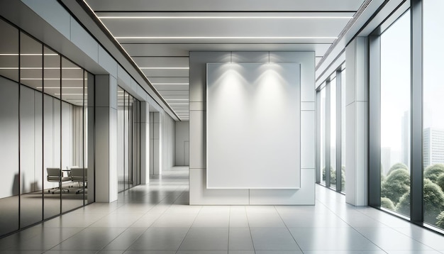pusty biały plakat w przestronnym korytarzu biurowym z nowoczesną makietą estetyczną Generative AI