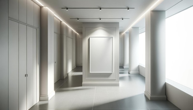pusty biały plakat w stylowym korytarzu biurowym z minimalistycznymi elementami makiety generatywnej sztucznej inteligencji