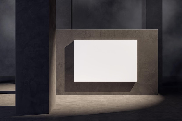 Pusty biały plakat z miejscem na logo lub tekst na ciemnej ściance działowej w abstrakcyjnej sali wystawowej z makietą renderowania 3D betonowej podłogi
