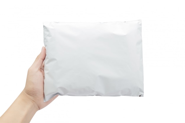 Pusty biały plastikowy pakunek na białym tle