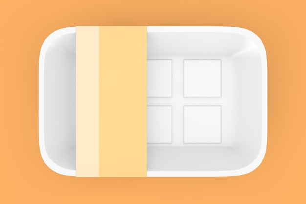 Pusty biały plastikowy pojemnik na jedzenie taca pakiet z pustą etykietą dla swojego projektu na pomarańczowym tle. Renderowanie 3D