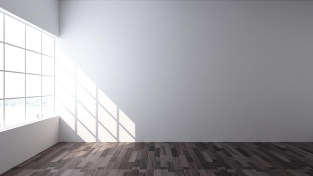Pusty biały pokój z szerokim panoramicznym oknem i drewnianą podłogą