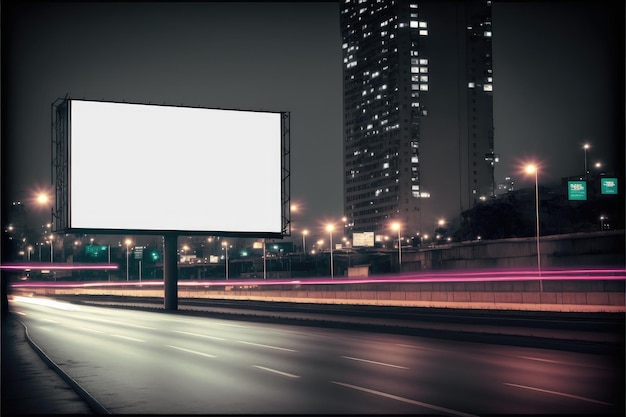 Pusty billboard reklamowy na dużej kwadratowej autostradzie na świeżym powietrzu w nocy