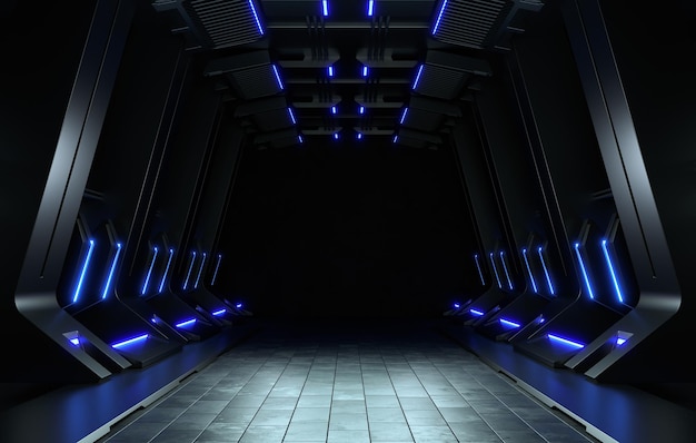 Pusty ciemny pokój, nowoczesne futurystyczne tło Sci Fi. ilustracja 3D