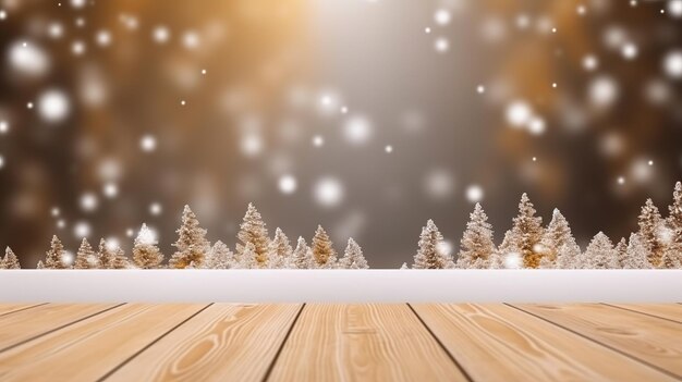 Pusty drewniany blat z ciepłym wystrojem salonu rozmycie tła ze śniegiem Makieta transparentu do wyświetlania reklamowanego produktu Generative Ai