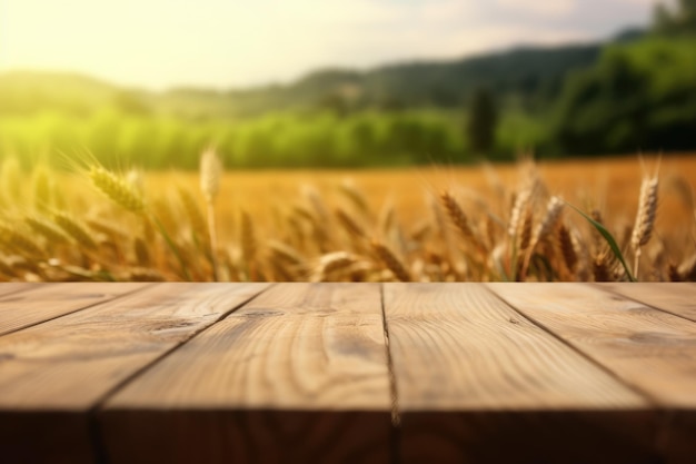 Pusty drewniany blat z rozmytym tłem farmy pszenicy Exuberant