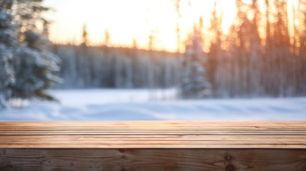 Pusty drewniany blat z rozmytym tłem zimy w Finlandii Żywiołowy obraz