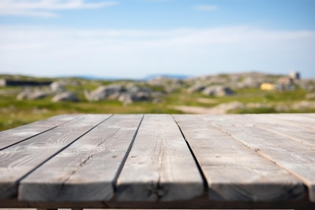 Zdjęcie pusty drewniany brązowy stół z niewyraźnym tłem grenlandii w lecie