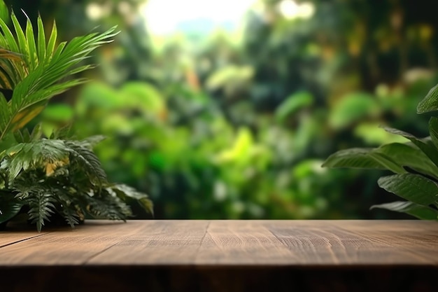 Pusty drewniany stół do ekspozycji produktów z rozmytym tłem tropikalnej dżungli Generative AI AIG30
