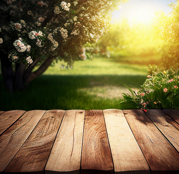 Pusty drewniany stół do montażu produktów z wiosennym tłem ogrodowym