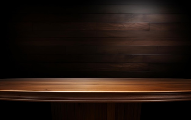 Pusty drewniany stół do prezentacji z ciemnym tłem i izolowanym oświetleniem wpuszczanym
