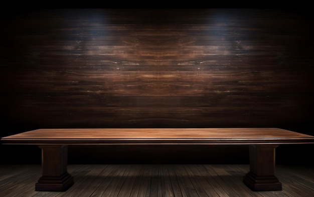 Zdjęcie pusty drewniany stół do prezentacji z ciemnym tłem i izolowanym oświetleniem wpuszczanym