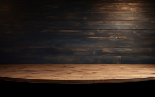 Zdjęcie pusty drewniany stół do prezentacji z ciemnym tłem i izolowanym oświetleniem wpuszczanym