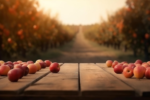 Pusty drewniany stół do wyświetlania produktów Niewyraźny jesienny sad jabłkowy w tle