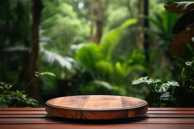 Pusty drewniany stół i las deszczowy drzewa dżungla natura tło szablon wyświetlania produktu