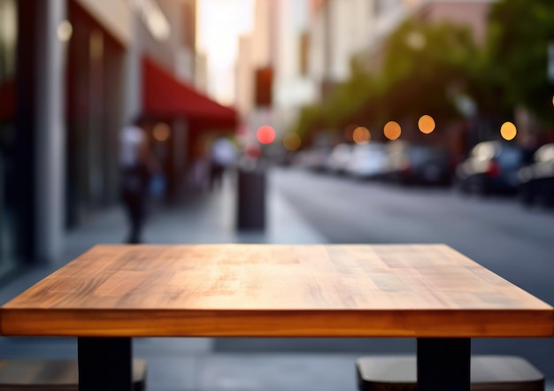 Pusty drewniany stół i niewyraźne tło ulicy miasta Do wyświetlania produktu Zdjęcie wysokiej jakości