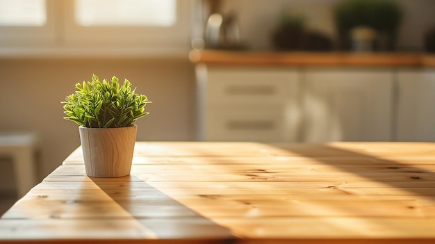 Pusty drewniany stół, który został wykorzystany jako szablon zdjęć produktu z mini rośliną w garnku na