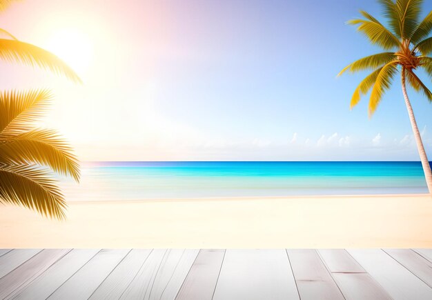 Zdjęcie pusty drewniany stół lub molo z słoneczną palmą plażową i oceanem generatywna sztuczna inteligencja