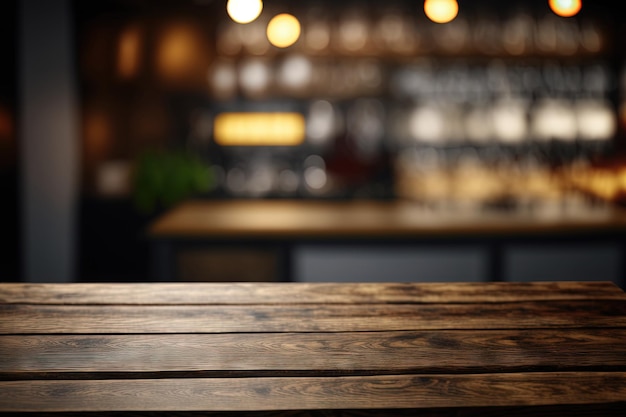 Pusty drewniany stół na ciemnym tle restauracji