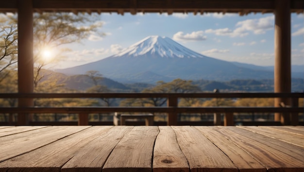 Zdjęcie pusty drewniany stół na rozmytym tle góry fuji