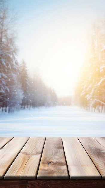 Zdjęcie pusty drewniany stół na rozproszonym zimowym lesie spokojna minimalistyczna scena do makiety