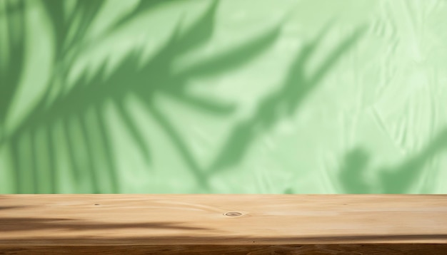 Pusty drewniany stół na tle ściany kolor zielony Tło z cieniami liści na ścianie