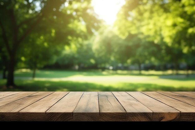 Pusty drewniany stół na zewnątrz zielony park natura tło szablon wyświetlania produktu