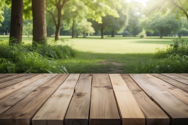 Pusty drewniany stół na zewnątrz zielony park natura tło szablon wyświetlania produktu