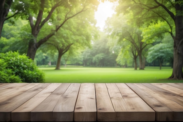 Pusty drewniany stół na zewnątrz zielony park natura tło szablon wyświetlania produktu