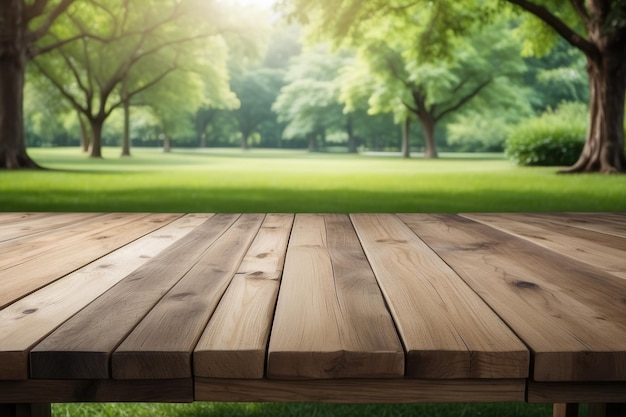 Pusty drewniany stół na zewnątrz zielony park natura tło szablon wyświetlania produktu