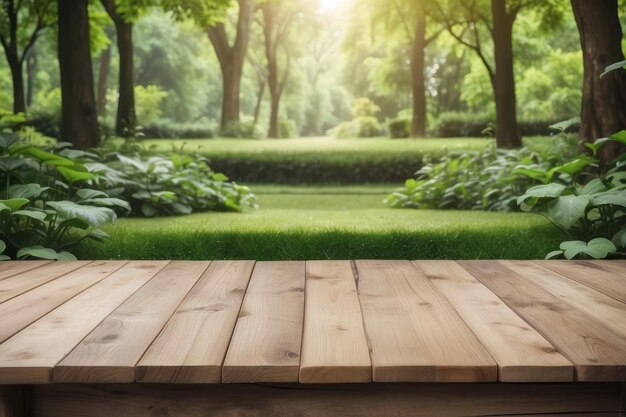 Pusty drewniany stół na zewnątrz zielony park natura tło szablon wyświetlania produktu