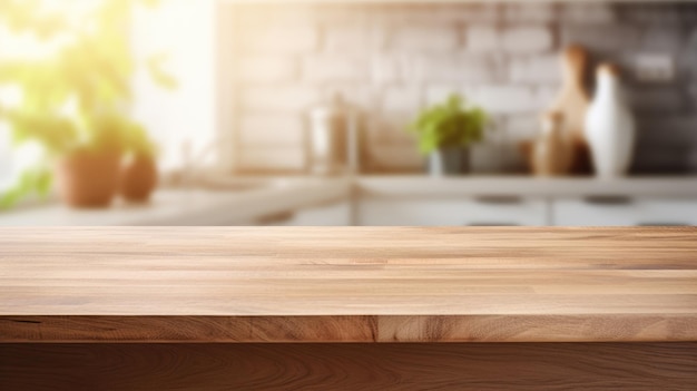 Pusty drewniany stół przed zamazanym wnętrzem kuchni