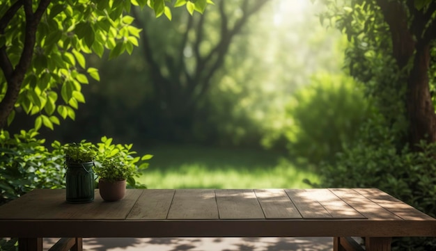 Pusty drewniany stół w naturalnym zielonym ogrodzie na świeżym powietrzu Lokowanie produktu z niedzielnym światłem Generuj Ai