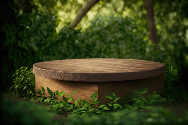 Pusty drewniany stół w naturalnym zielonym ogrodzie na świeżym powietrzu