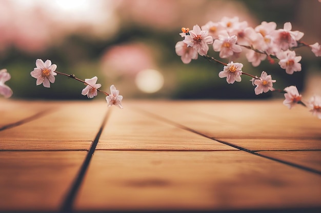 Pusty drewniany stół w Sakura Flower Park z ogrodowym tłem bokeh Szablon makiety produktu