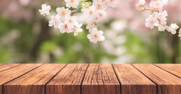 Pusty drewniany stół w Sakura Flower Park z ogrodowym tłem bokeh Szablon makiety produktu