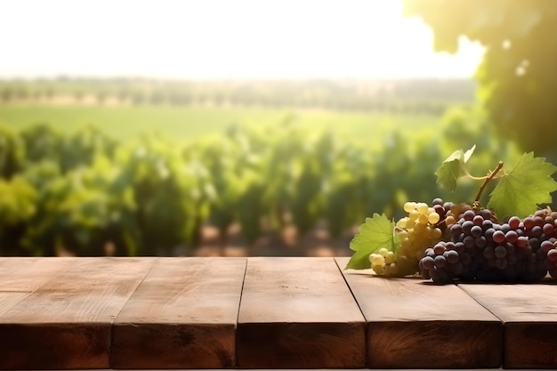 Pusty drewniany stół w winnicy z pięknymi winogronami zamazanymi tłem ai generatywną ilustracją
