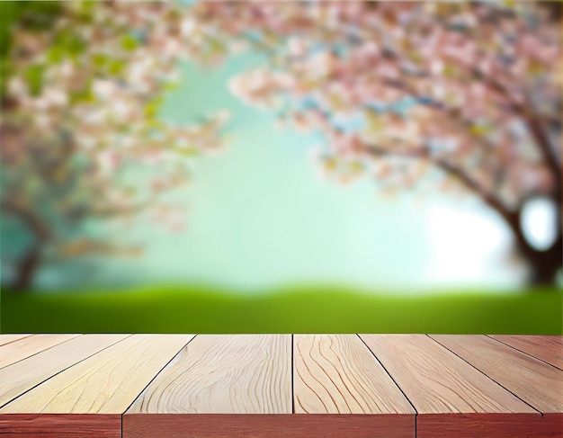 Pusty drewniany stół wystawowy z tłem wiosennego kwiatu wiśni