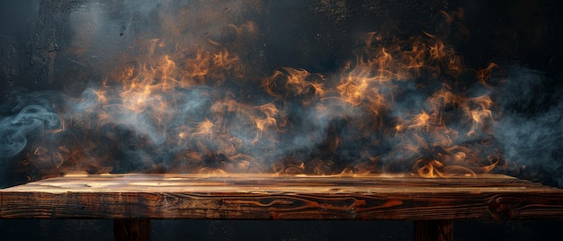 Pusty drewniany stół z dymem pływającym na ciemnym tle