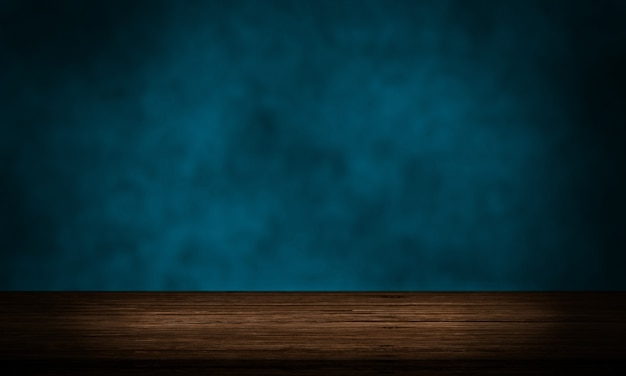 pusty drewniany stół z niebieskim wyświetlaczem tła produktu ściennego