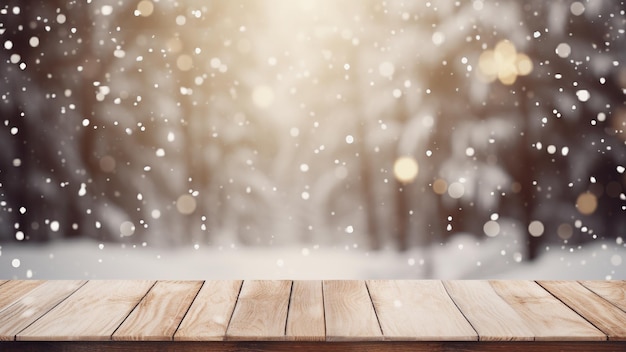 pusty drewniany stół z niewyraźnym śniegiem na tle dla świątecznych świąt Bożego Narodzenia i zimy