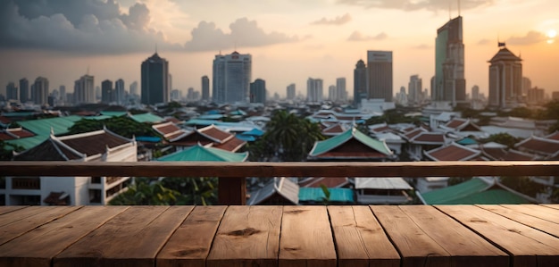 Pusty drewniany stół z niewyraźnym tłem generatywnej sztucznej inteligencji w Bangkoku