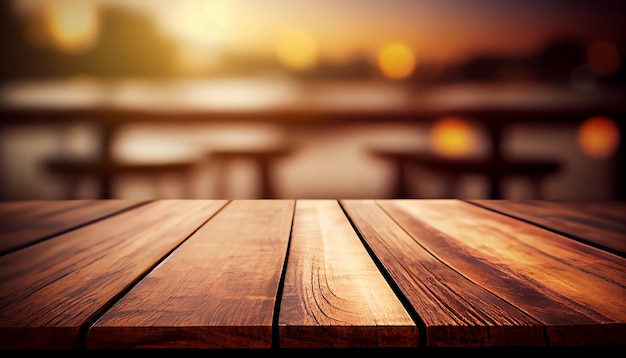 Pusty drewniany stół z niewyraźnym tłem kawiarni na świeżym powietrzu lub kawiarni